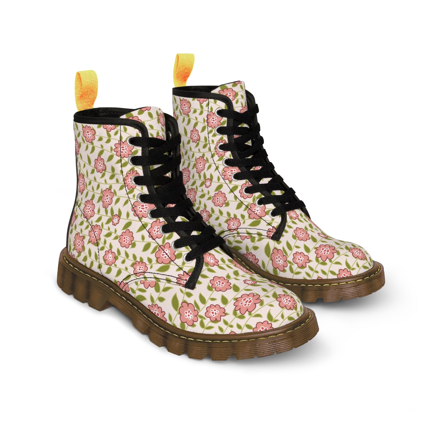 Coral flower vine on Cream Women's Canvas Boots