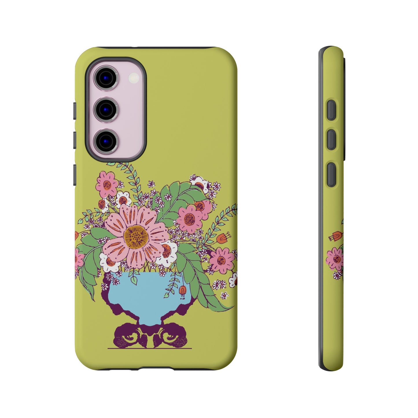 Cheerful Watercolor Flowers in Vase on Bright Green Tough Cases for Samsung