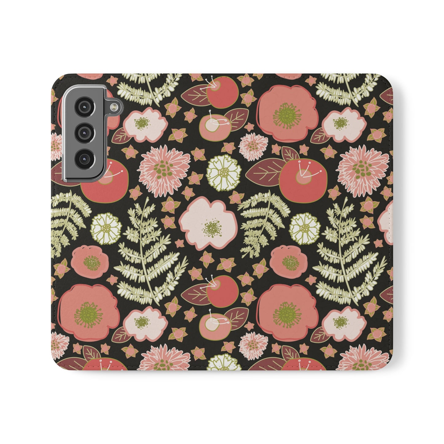 Coral Flowers on Black Flip Cases for Samsung