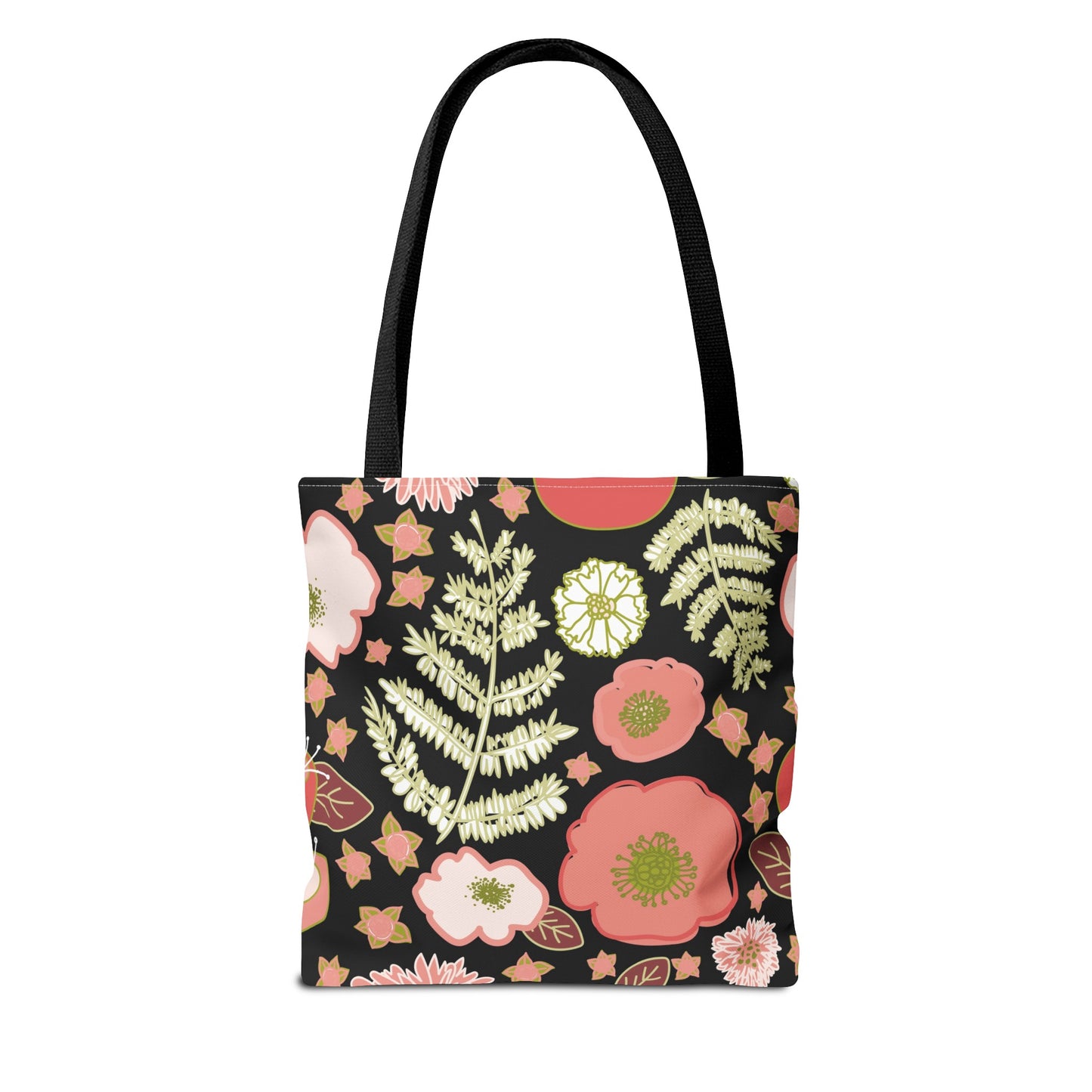 Coral Flowers on Black Tote Bag