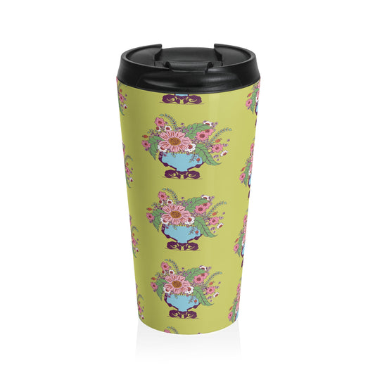 Cheerful Watercolor Flowers in Vase on Bright Green Stainless Steel Travel Mug