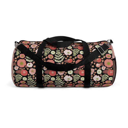 Coral Flowers on Black Duffel Bag