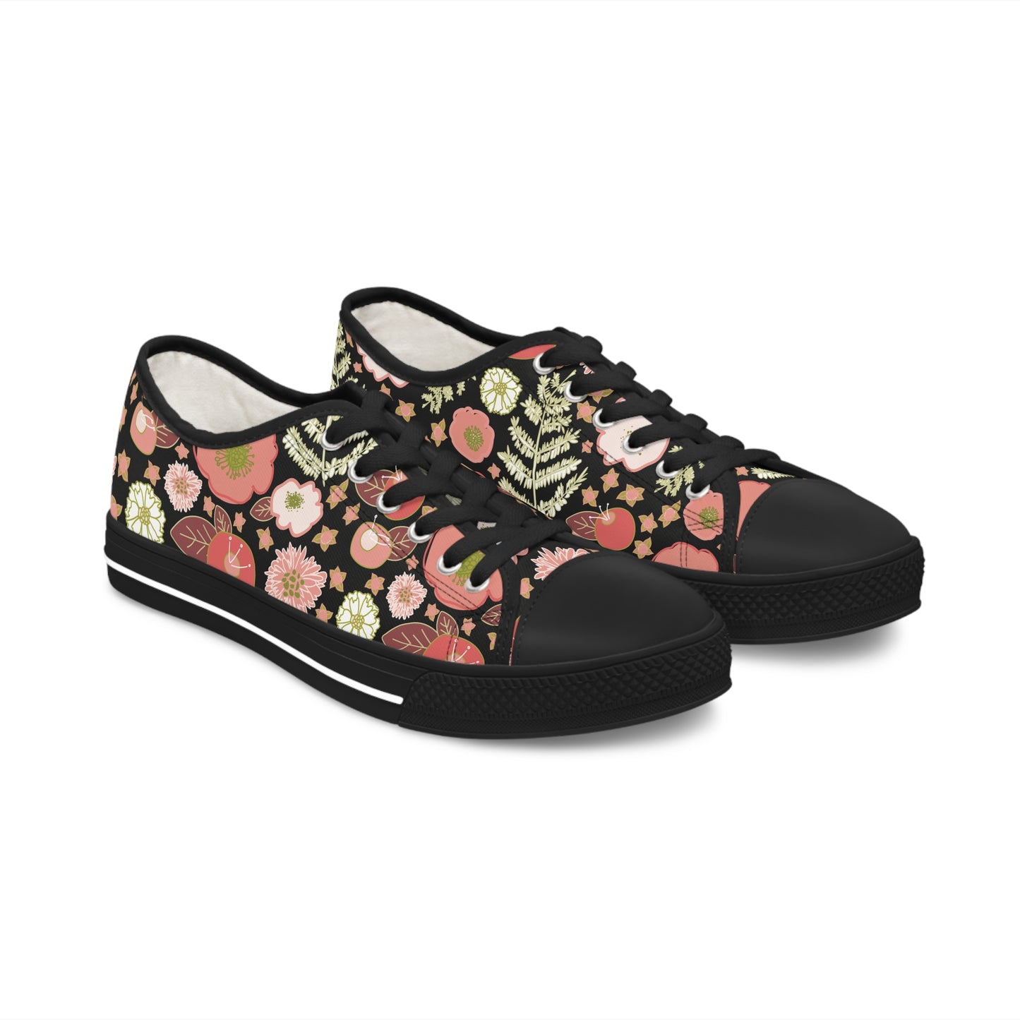 Coral Flowers on Black Women's Low Top Sneakers