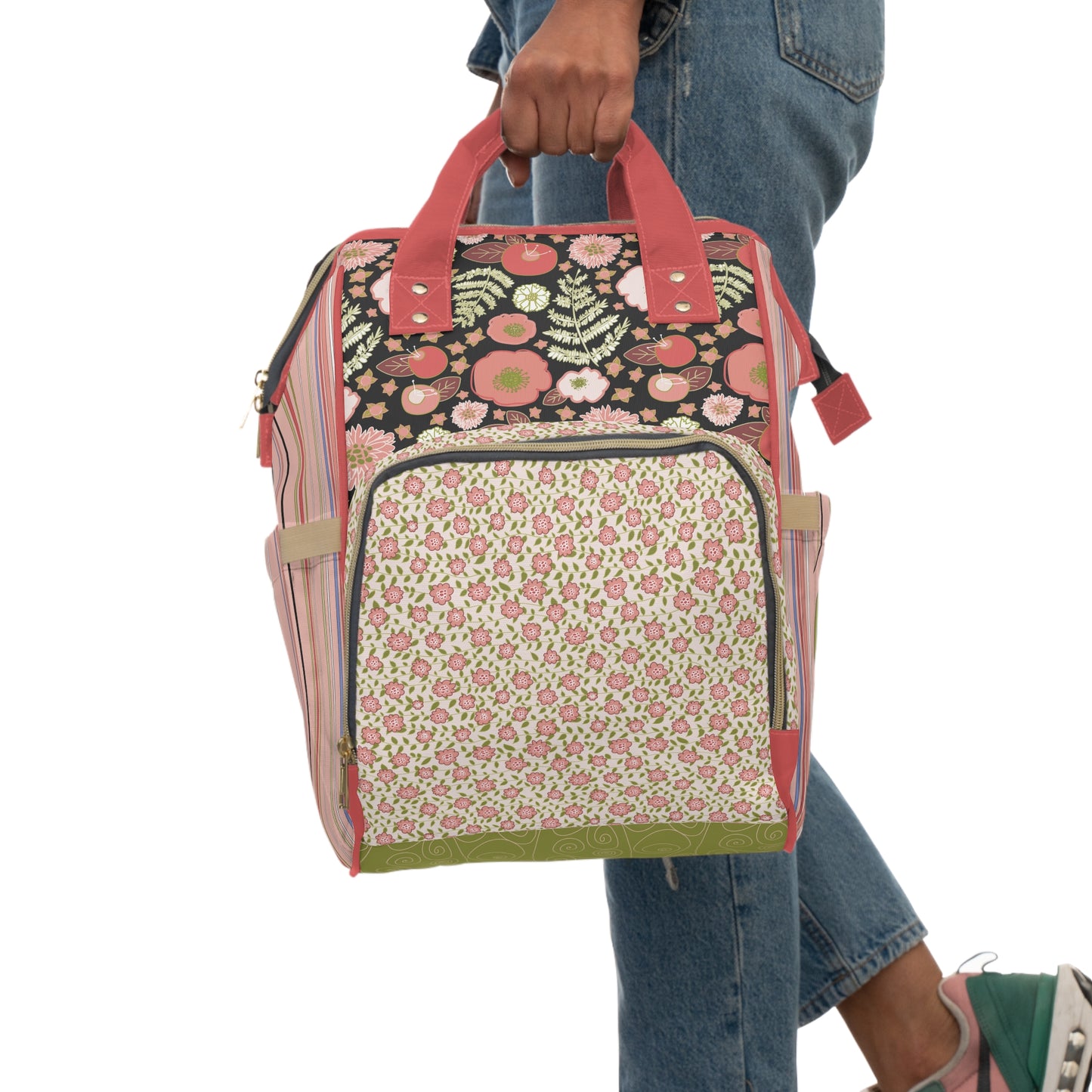 Coral Flowers on Black Multifunctional Diaper Backpack