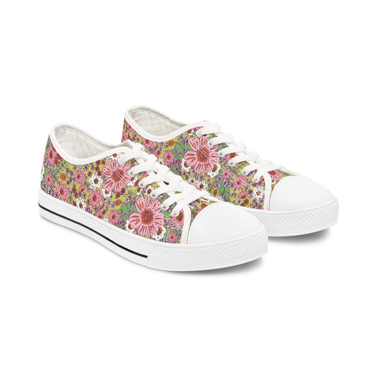 Cheerful Watercolor Flowers on Bright Green Women's Low Top Sneakers