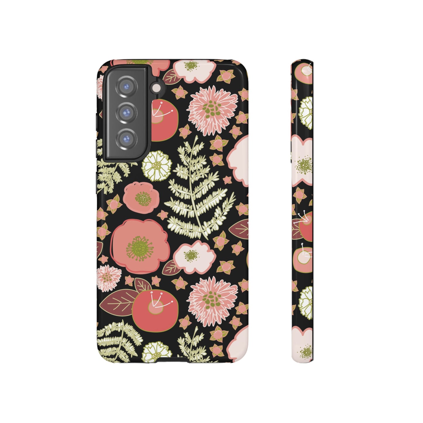 Coral Flowers on Black Tough Cases for Samsung