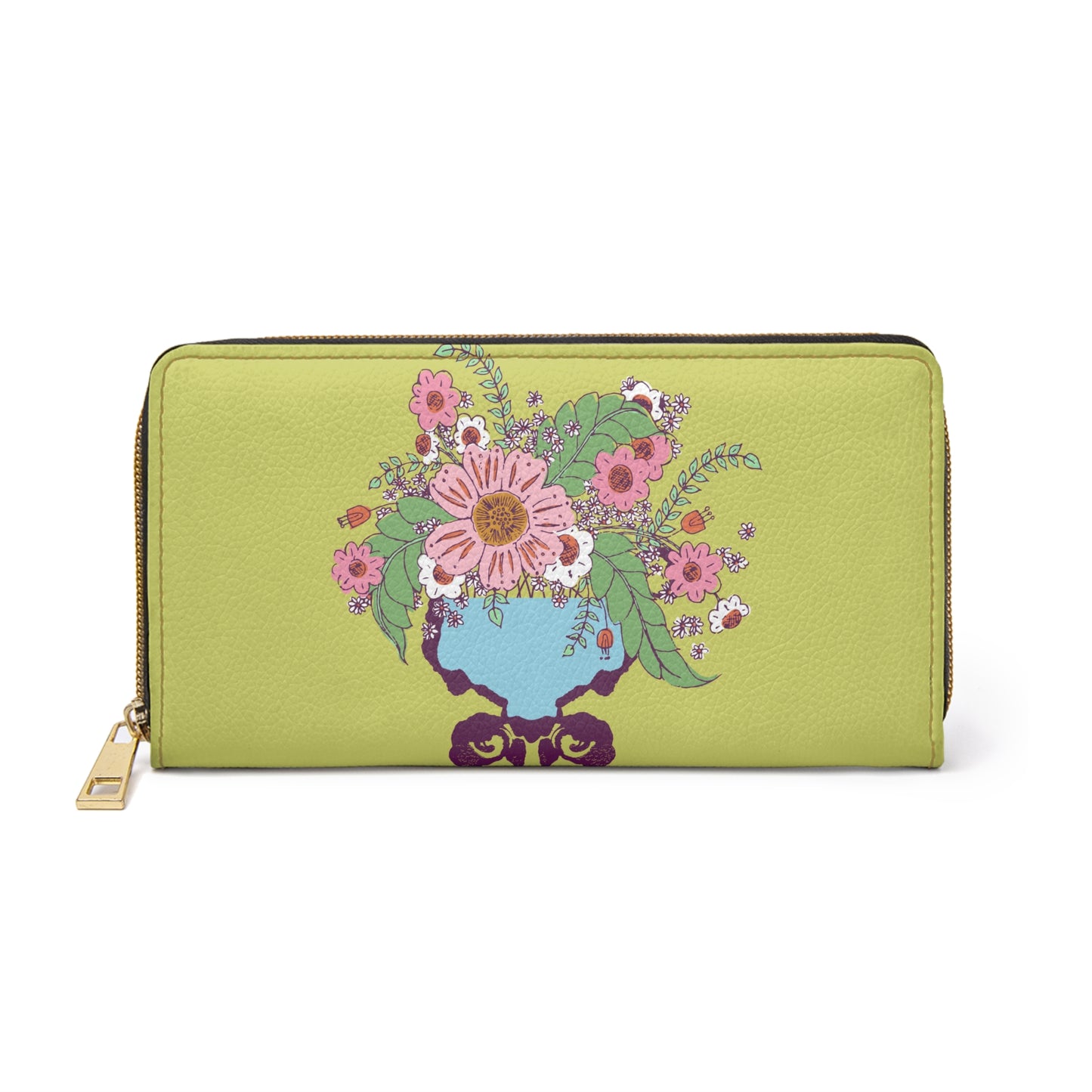 Cheerful Watercolor Flowers in Vase on Bright Green Zipper Wallet