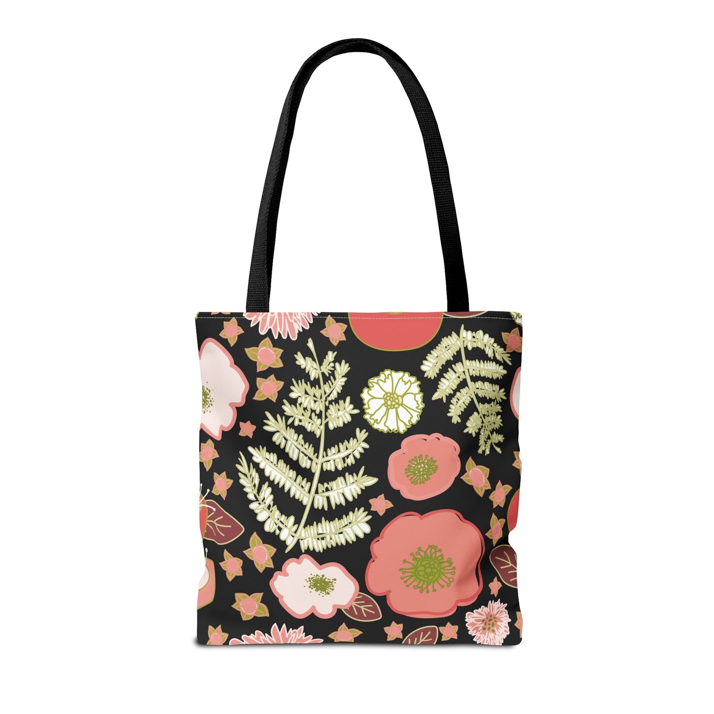 Coral Flowers on Black Tote Bag