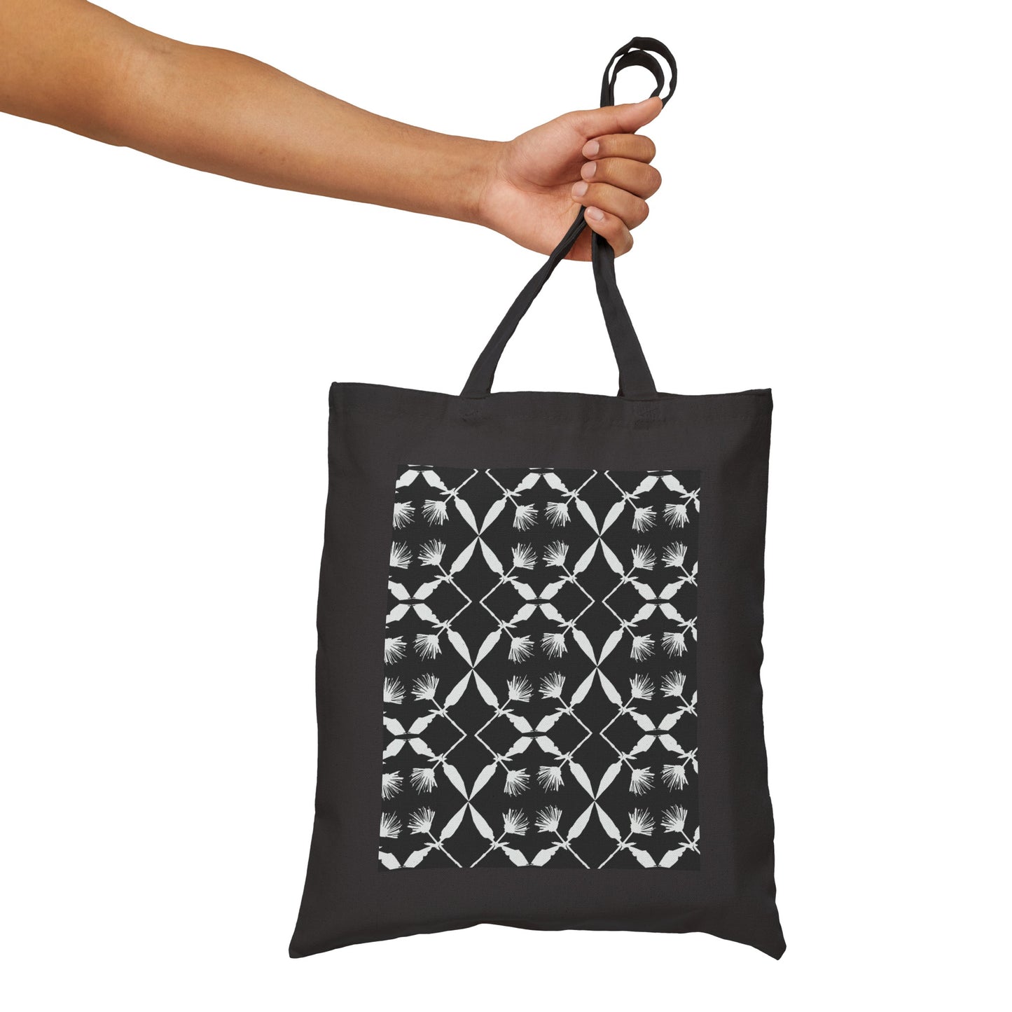 Black and White Floral Cotton Canvas Tote Bag