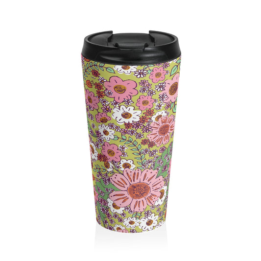 Cheerful Watercolor Flowers on Bright Green Stainless Steel Travel Mug