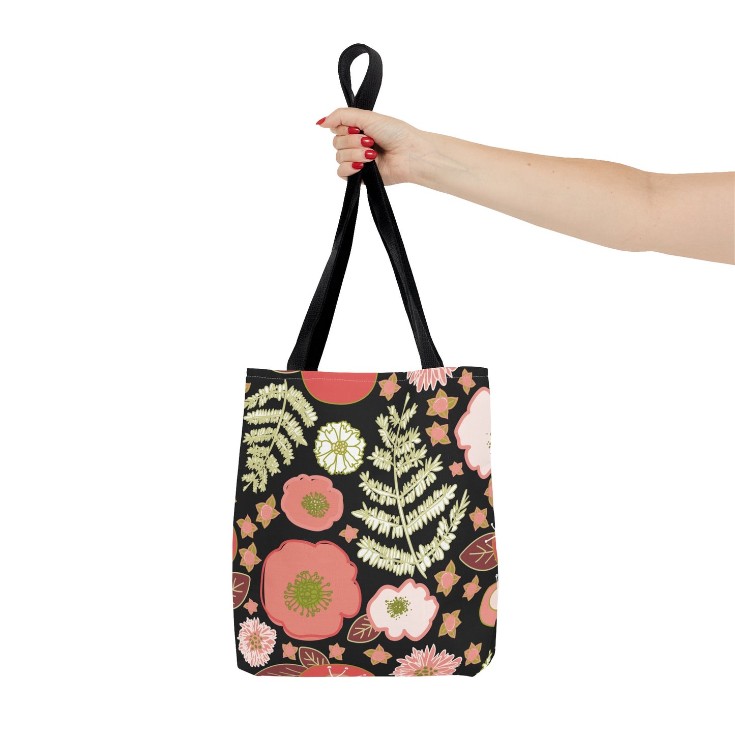 Coral Flowers on Black Tote Bag