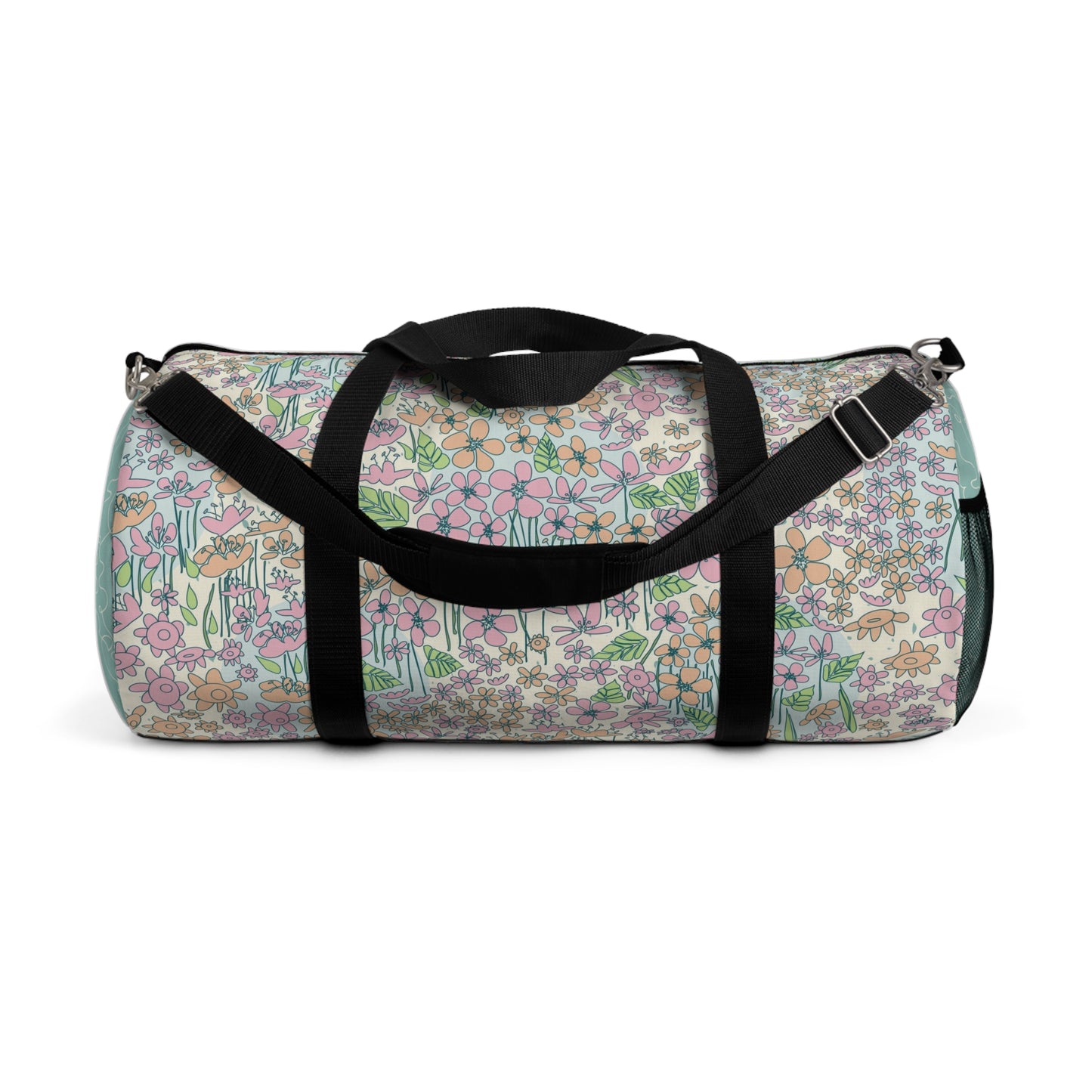 Orange and Pink Flowers on Blue Dot Duffel Bag