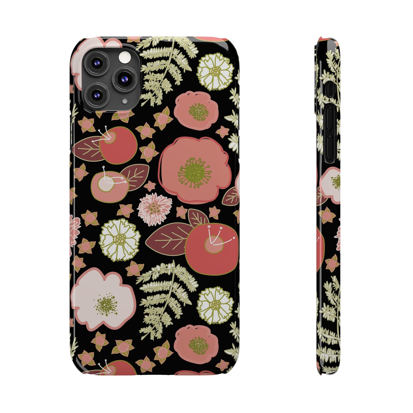 Coral Flowers on Black Slim Phone Cases