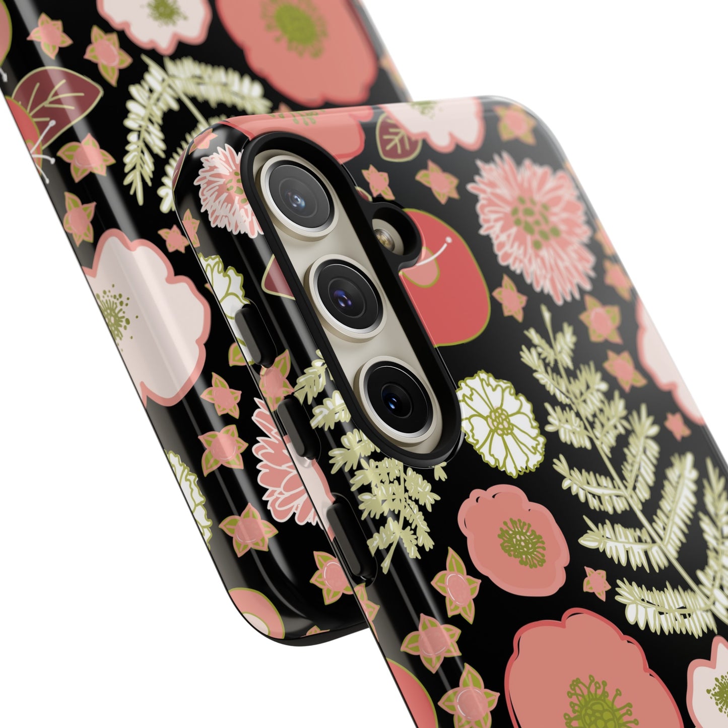 Coral Flowers on Black Tough Cases for Samsung