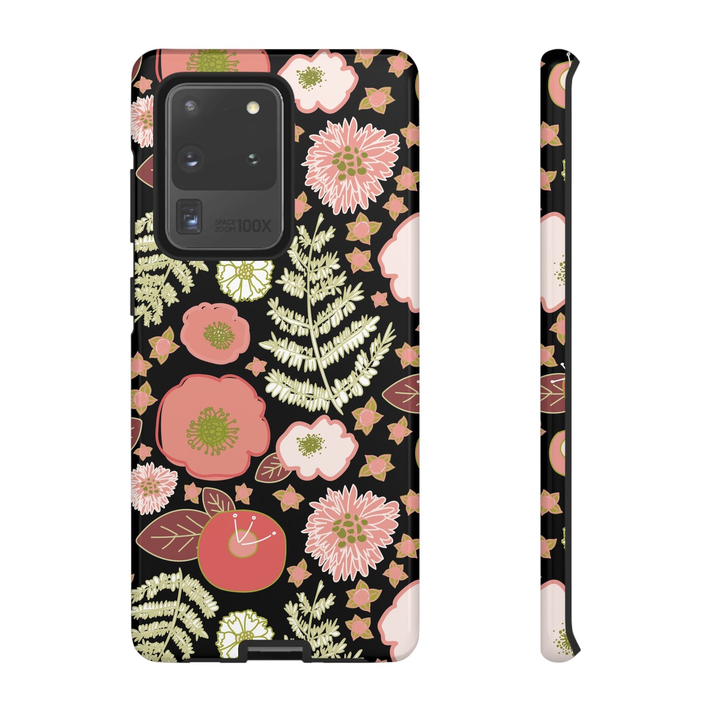 Coral Flowers on Black Tough Cases for Samsung