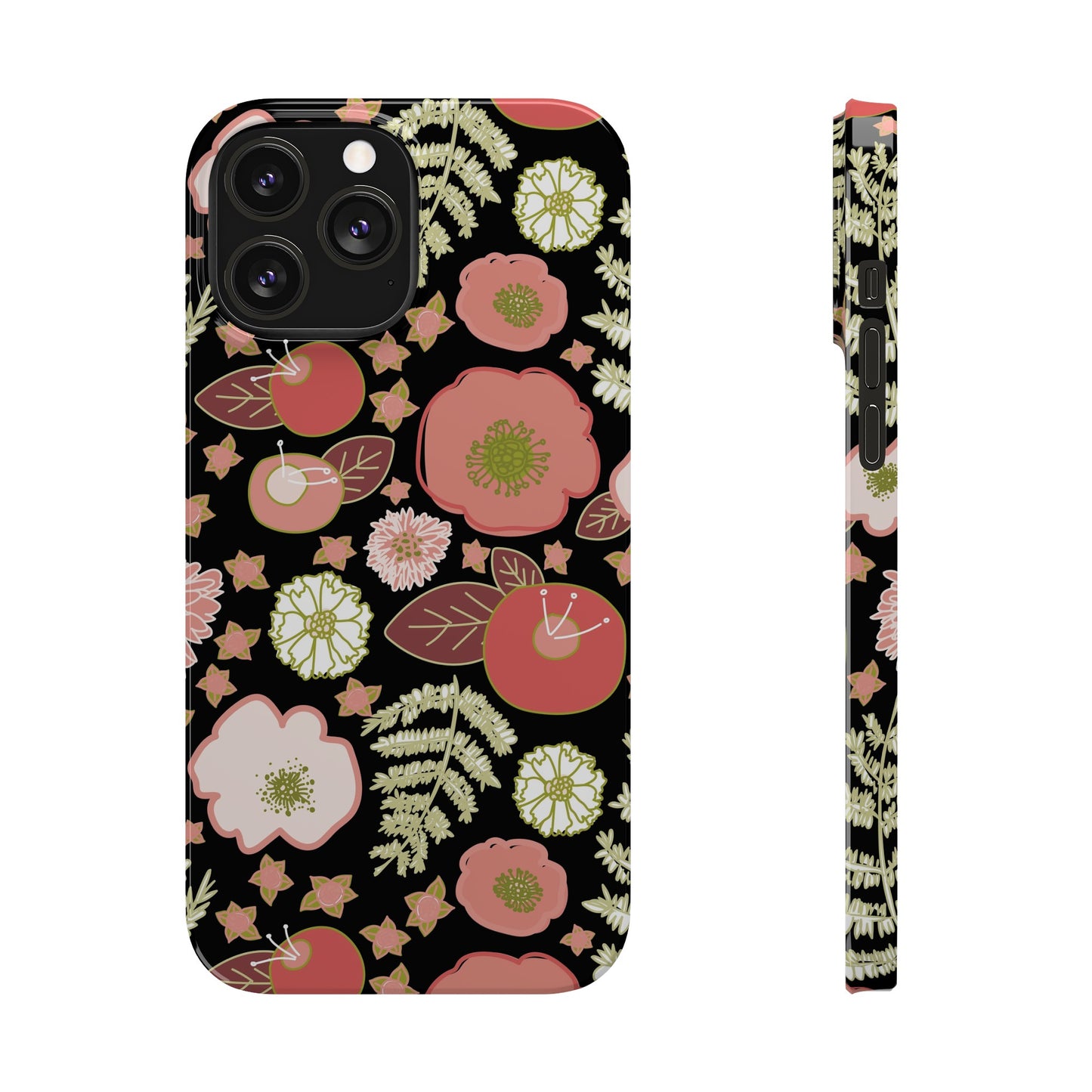 Coral Flowers on Black Slim Phone Cases