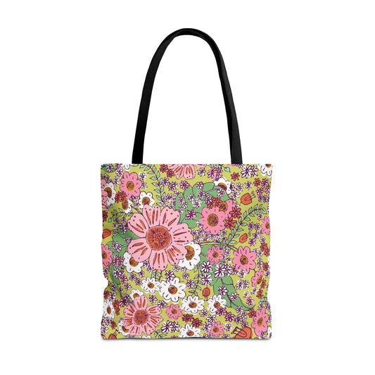 Cheerful Watercolor Flowers on Bright Green Tote Bag