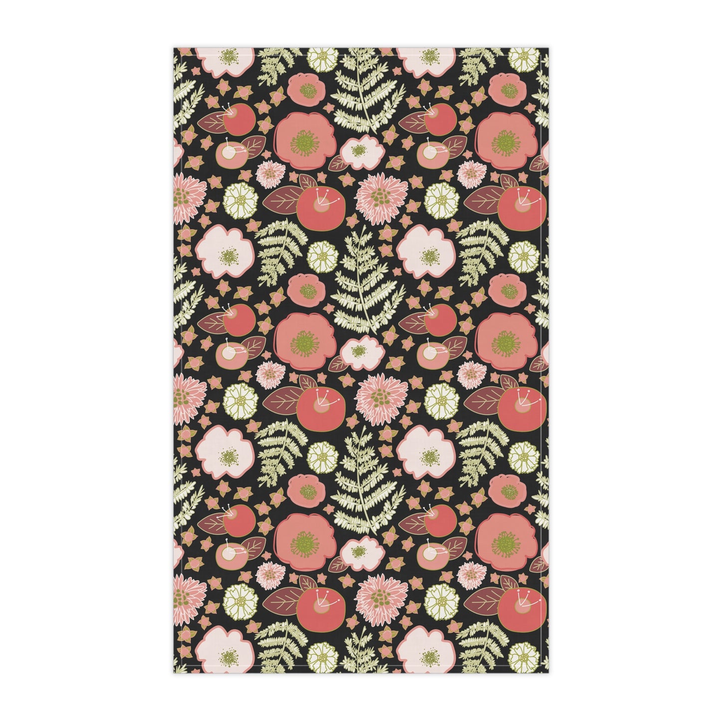 Coral Flowers on Black Kitchen Towel