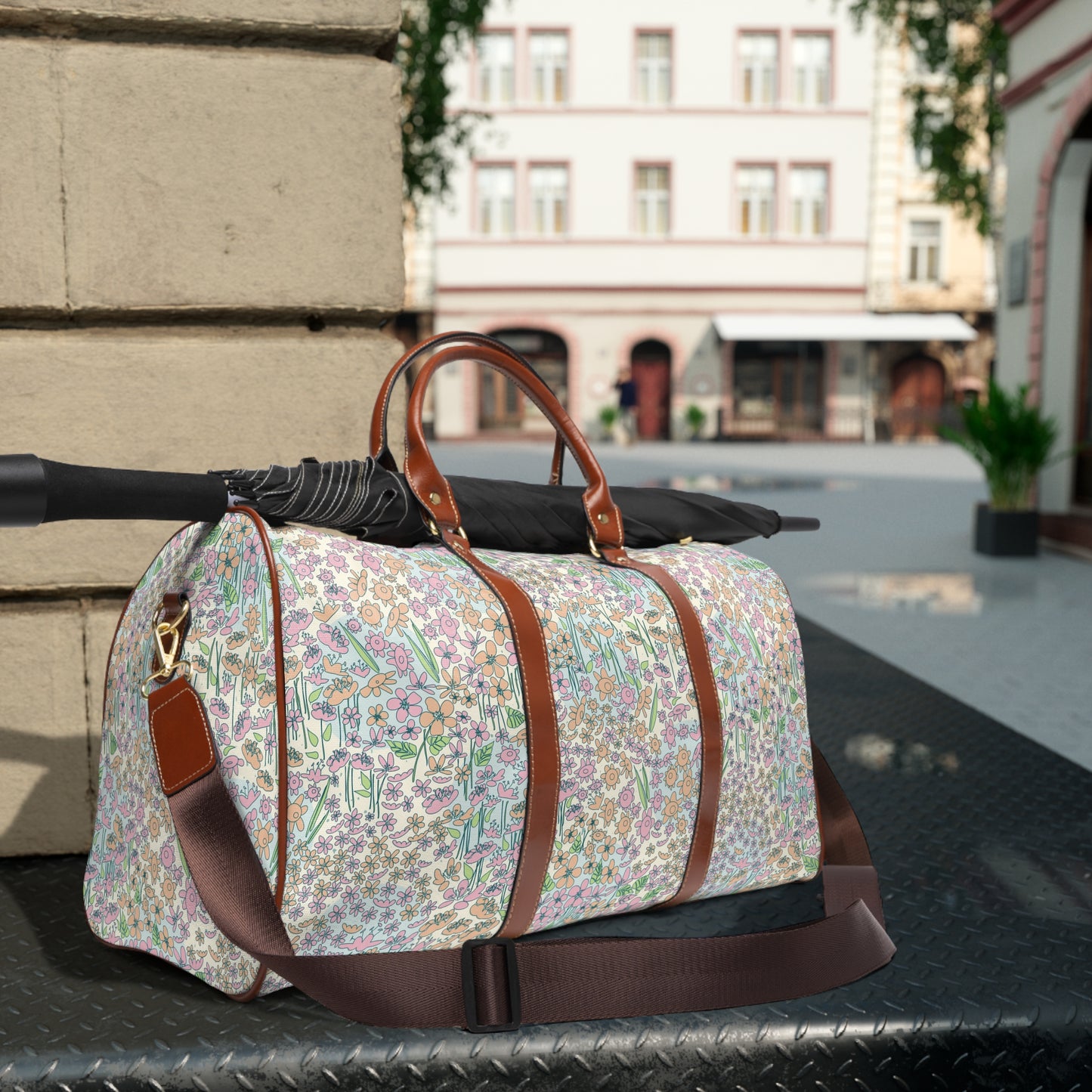 Orange and Pink Flowers on Blue Dot Waterproof Travel Bag