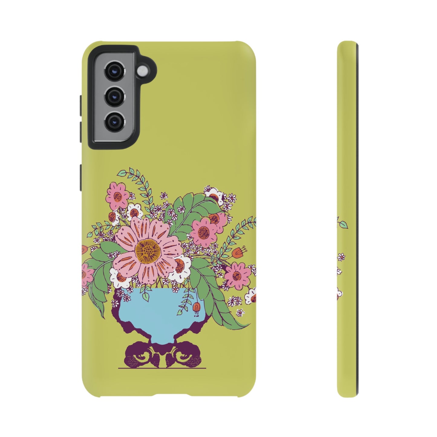 Cheerful Watercolor Flowers in Vase on Bright Green Tough Cases for Samsung