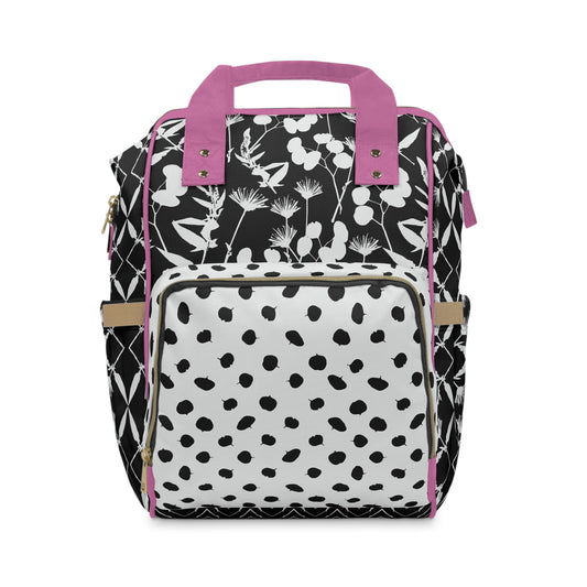 Black and White Floral with Pink Accents Multifunctional Diaper Backpack