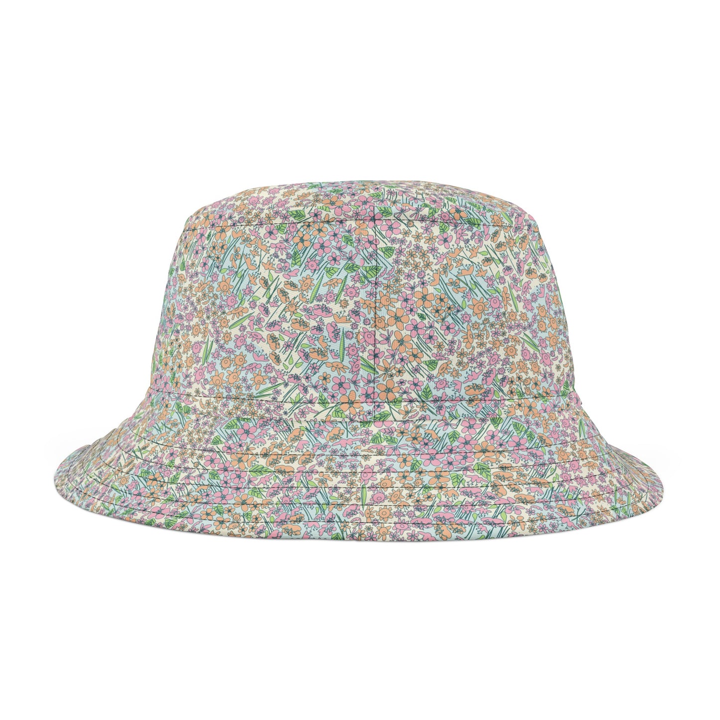 Orange and Pink Flowers on Blue Dot Bucket Hat