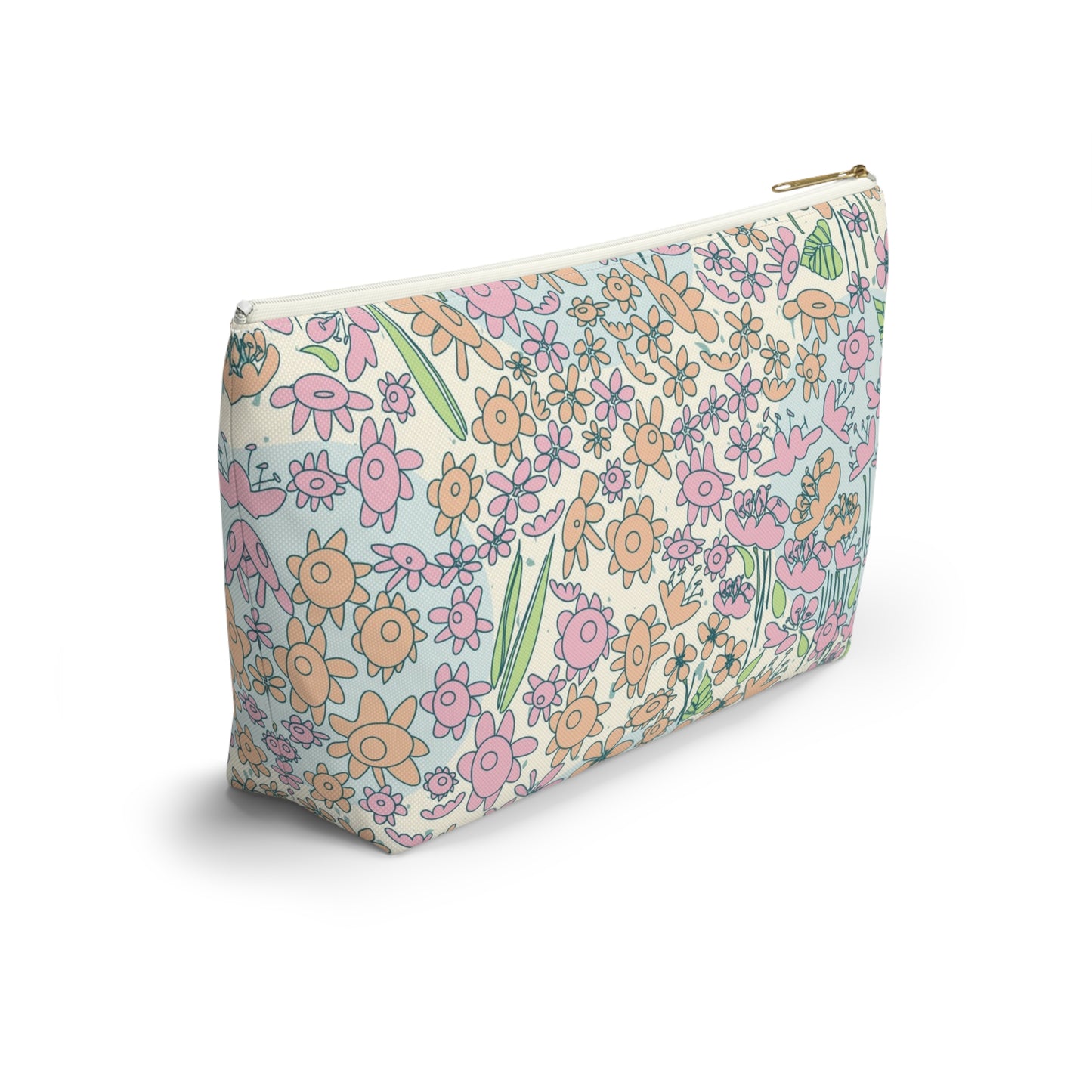 Orange and Pink Flowers on Blue Dot Accessory Pouch w T-bottom