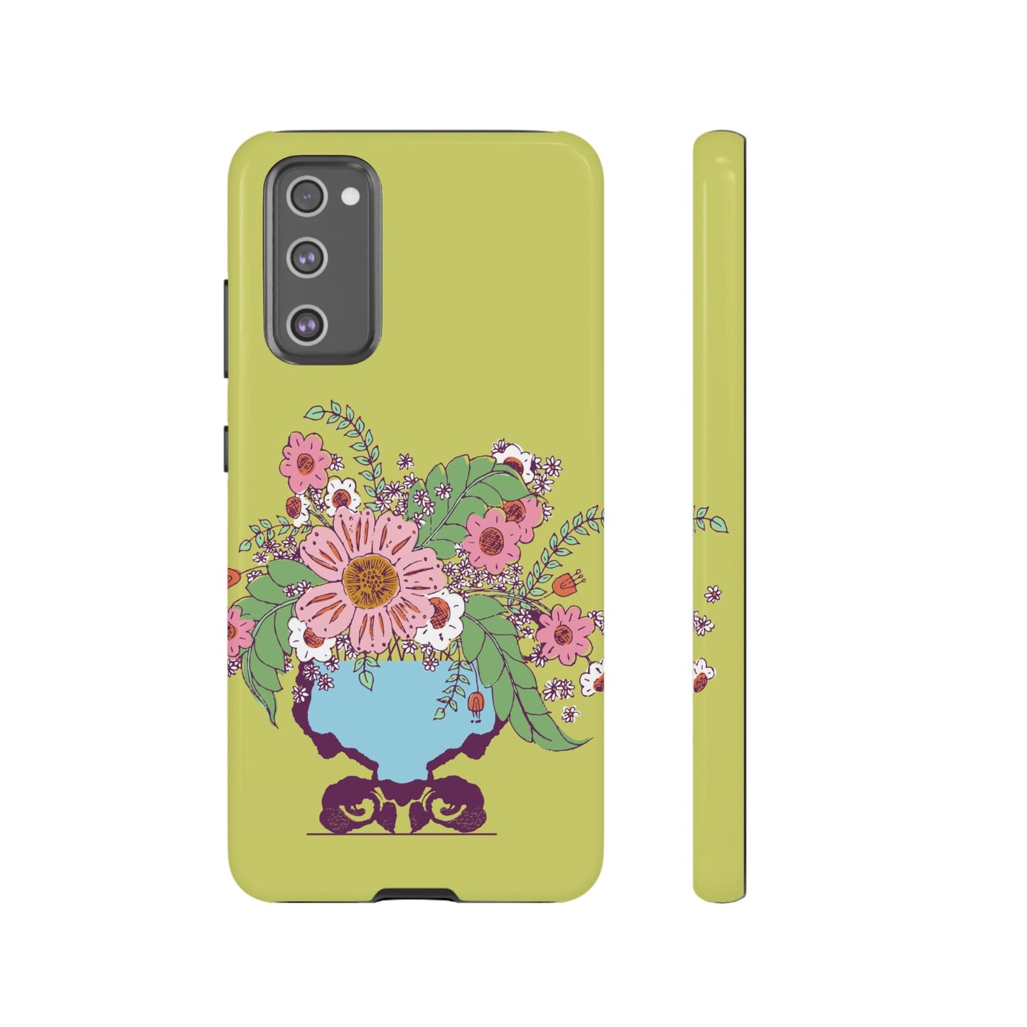 Cheerful Watercolor Flowers in Vase on Bright Green Tough Cases for Samsung