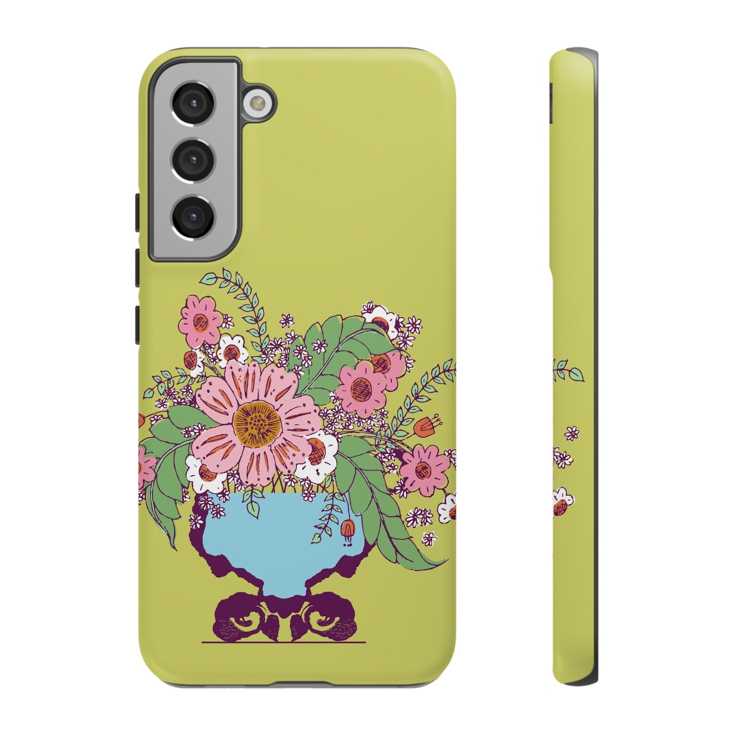 Cheerful Watercolor Flowers in Vase on Bright Green Tough Cases for Samsung