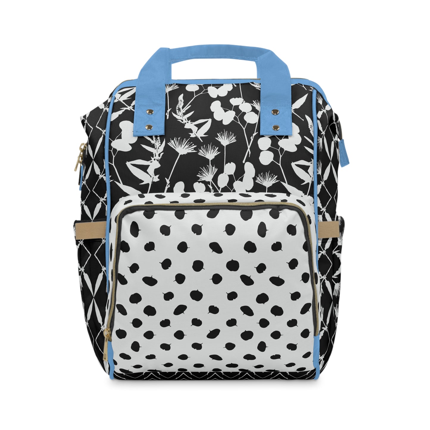 Black and White Floral with Blue Accents Multifunctional Diaper Backpack