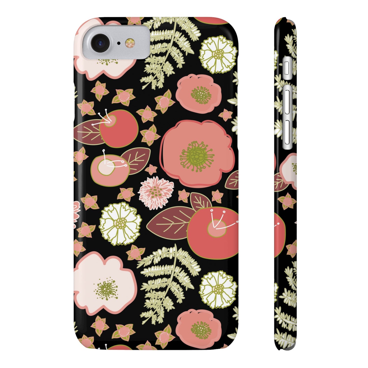 Coral Flowers on Black Slim Phone Cases