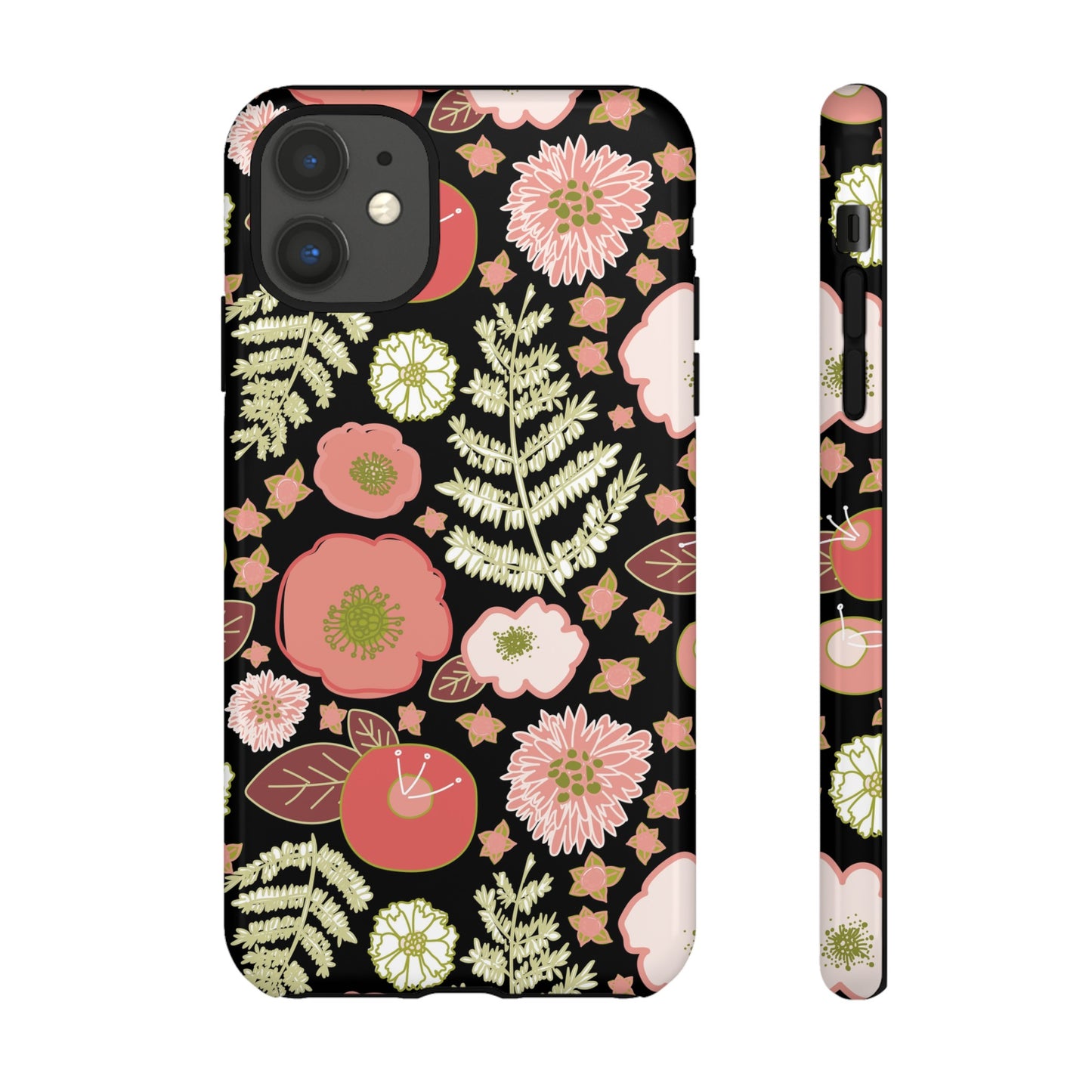 Coral Flowers on Black Tough Cases for iPhone