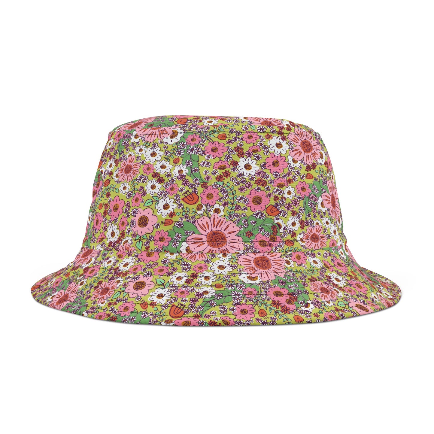 Cheerful Watercolor Flowers on Bright Green Bucket Hat