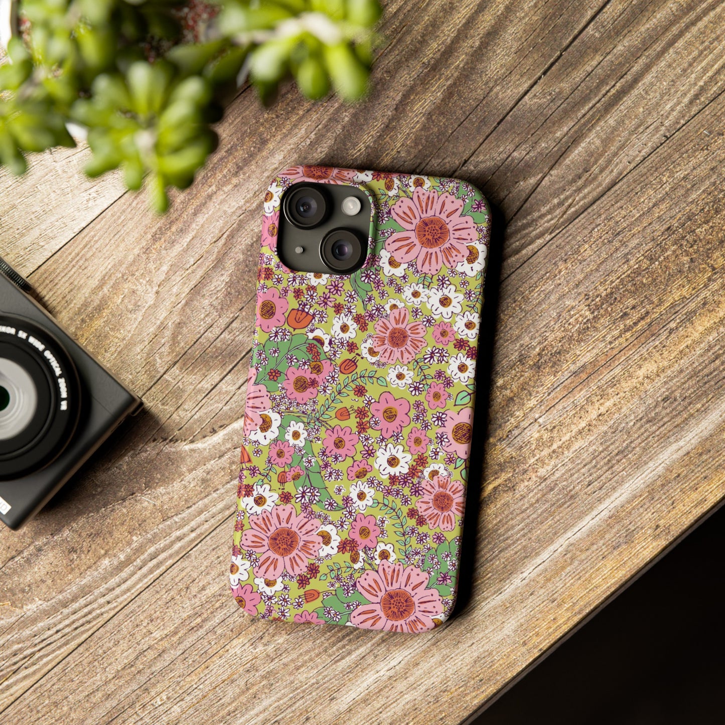 Cheerful Watercolor Flowers on Bright Green Slim Phone Cases