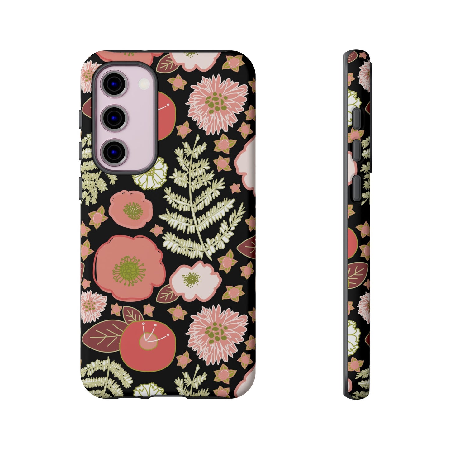 Coral Flowers on Black Tough Cases for Samsung