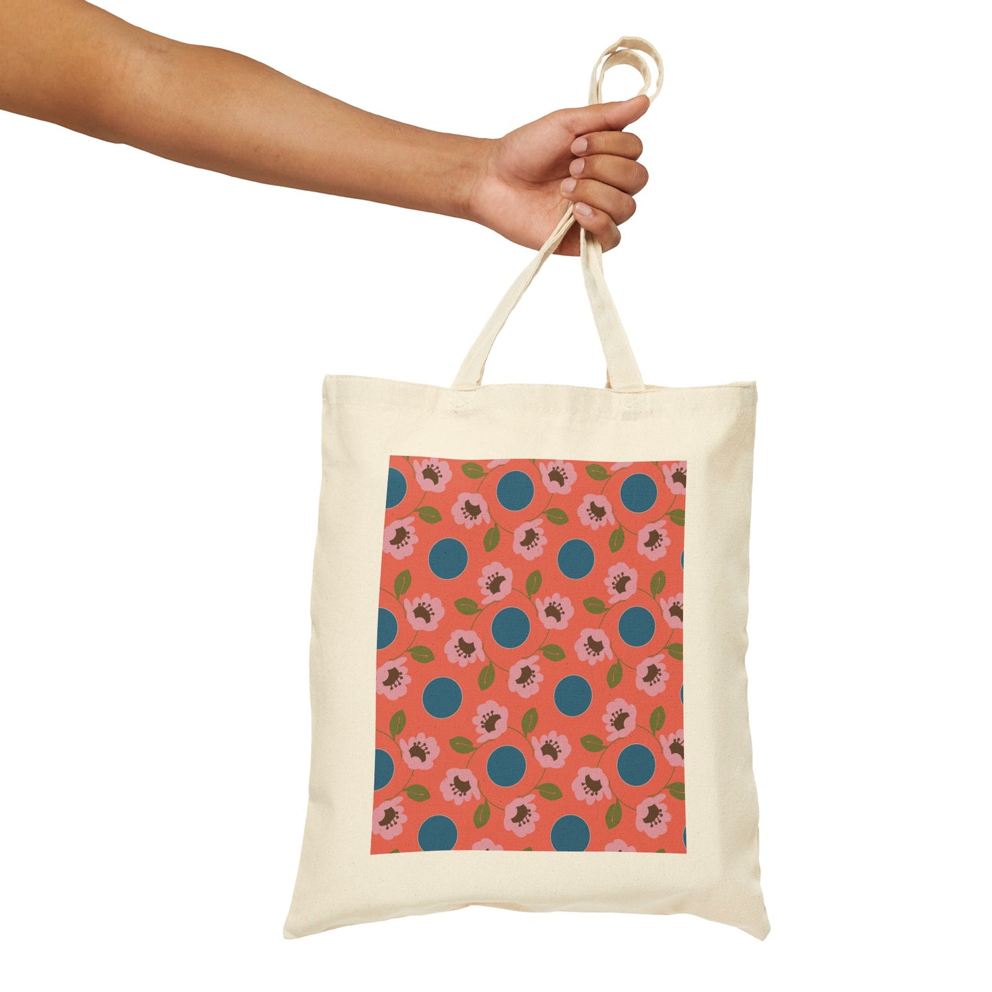 Wildflowers with Dots in Coral and Blue Cotton Canvas Tote Bag