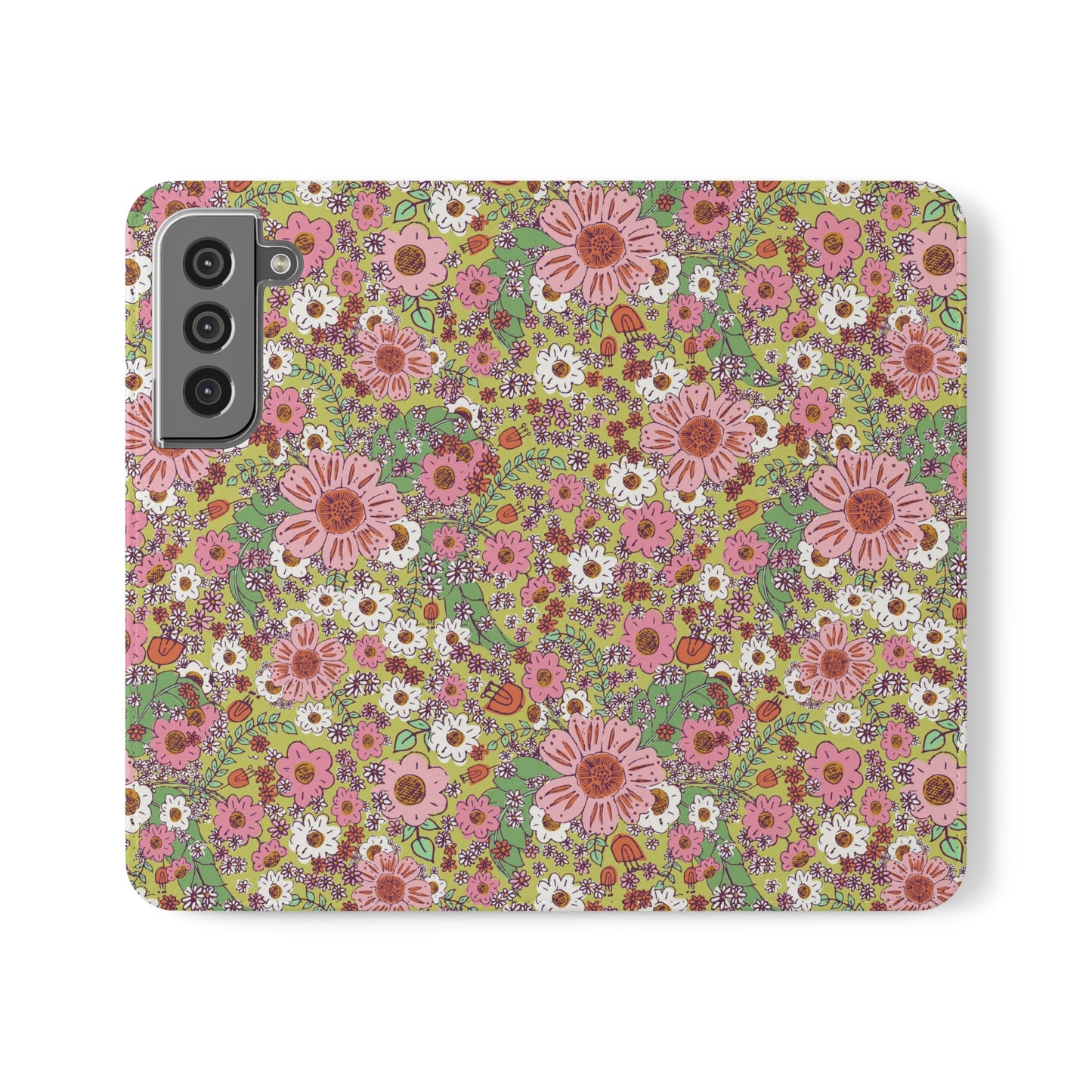 Cheerful Watercolor Flowers on Bright Green Flip Cases for Samsung