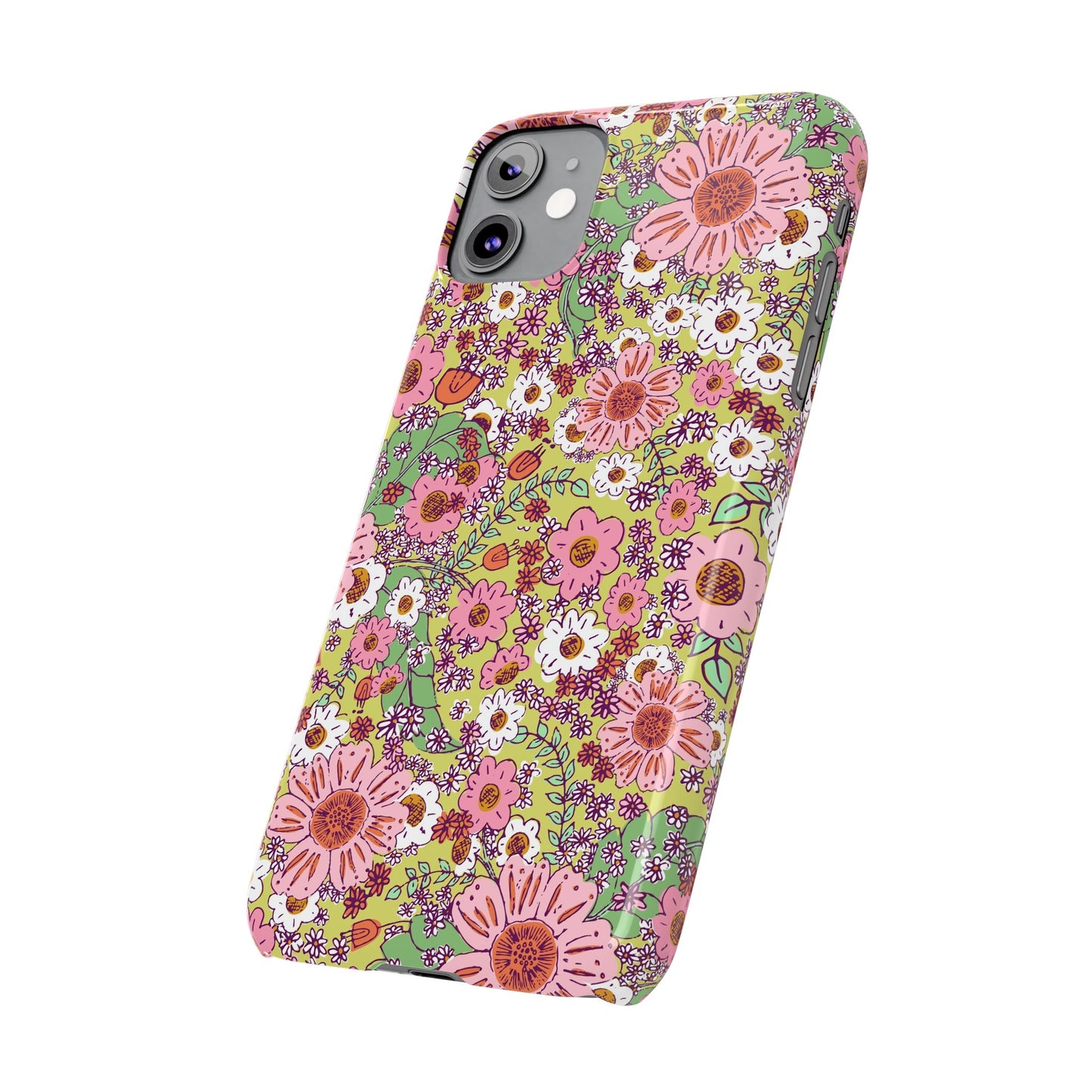 Cheerful Watercolor Flowers on Bright Green Slim Phone Cases