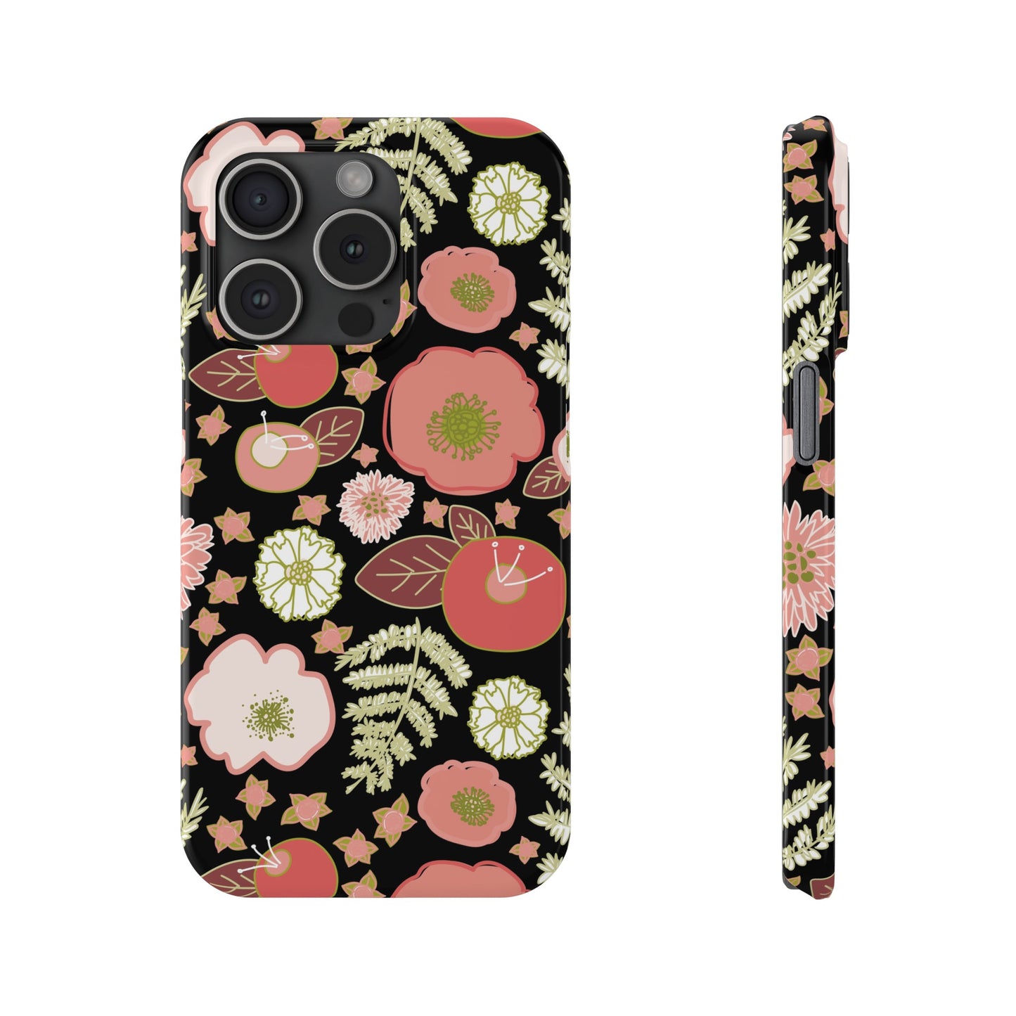 Coral Flowers on Black Slim Phone Cases