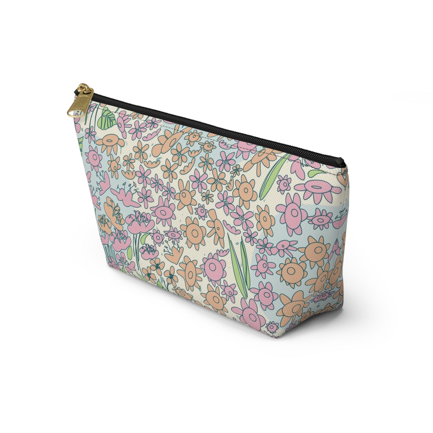 Orange and Pink Flowers on Blue Dot Accessory Pouch w T-bottom