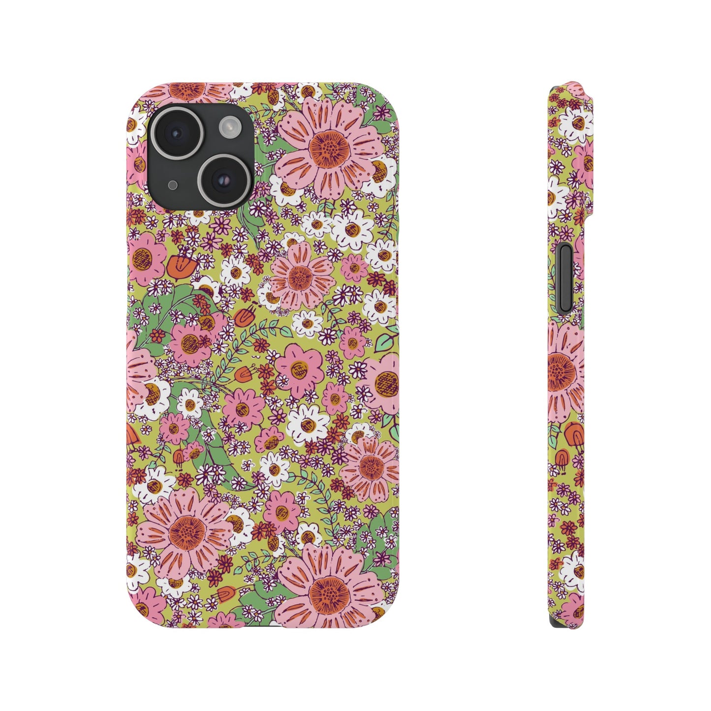 Cheerful Watercolor Flowers on Bright Green Slim Phone Cases