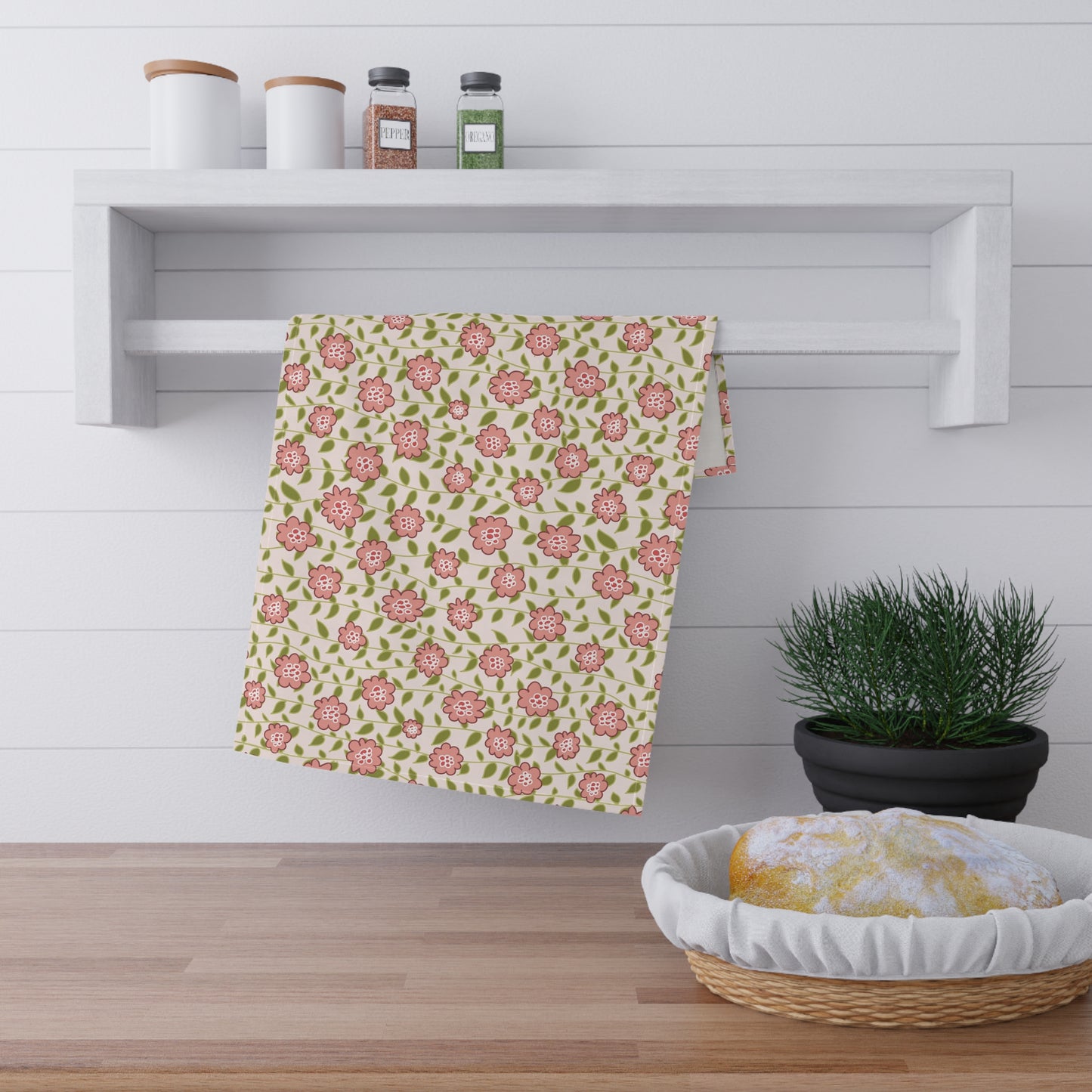 Coral Flowers on Cream Kitchen Towel