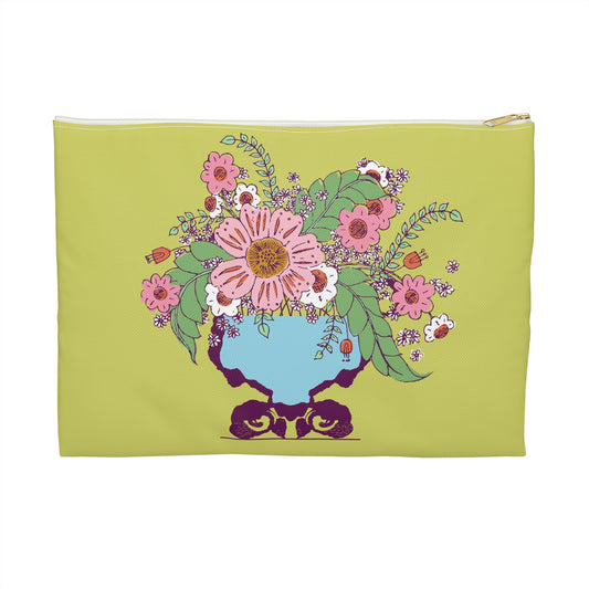 Cheerful Watercolor Floral in Vase on Bright Green Accessory Pouch