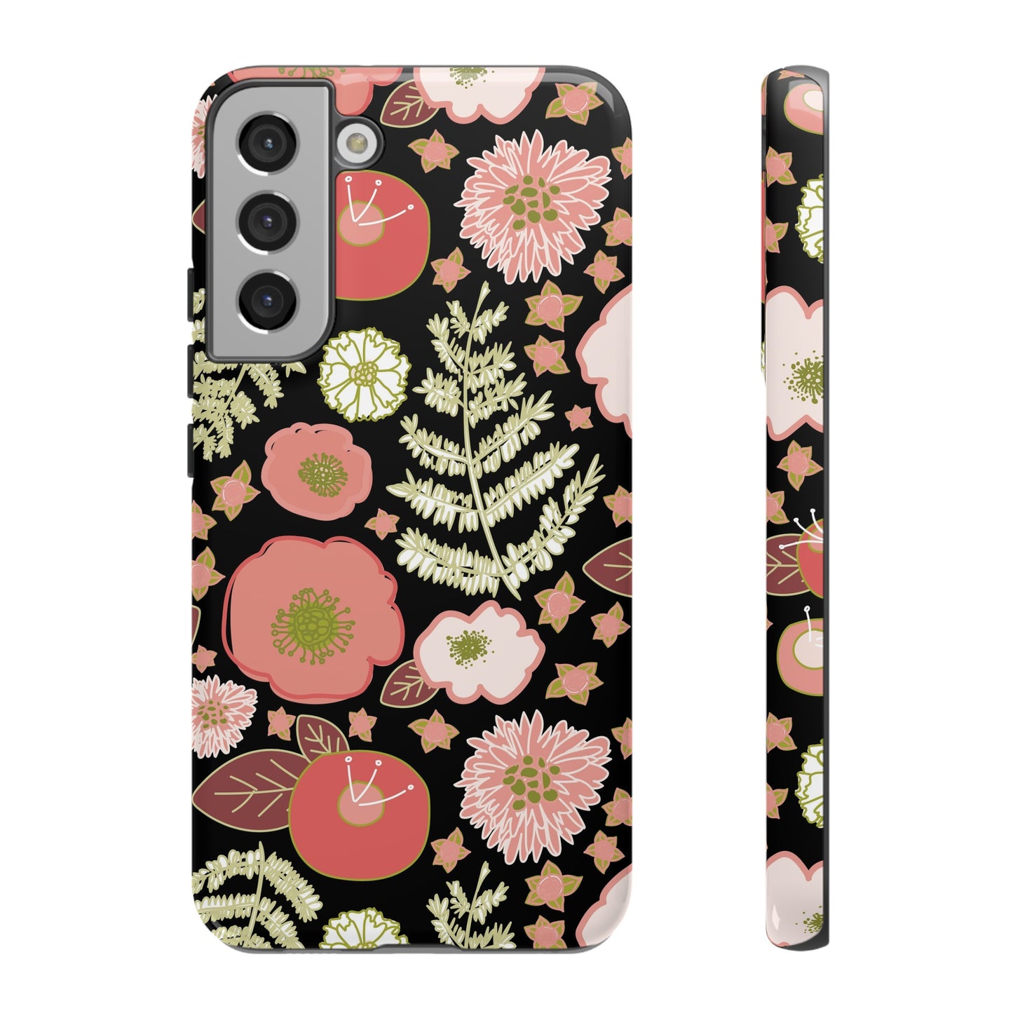 Coral Flowers on Black Tough Cases for Samsung