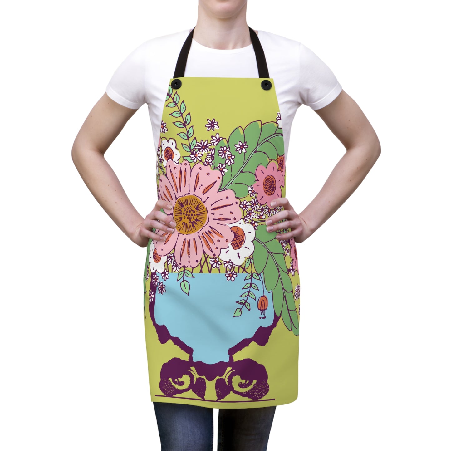 Cheerful Watercolor Flowers in Vase on Bright Green Apron