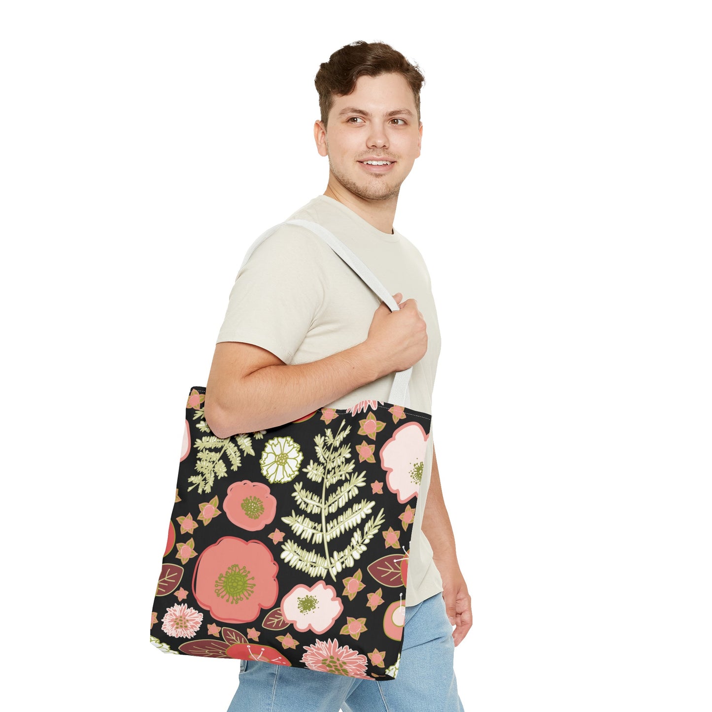 Coral Flowers on Black Tote Bag