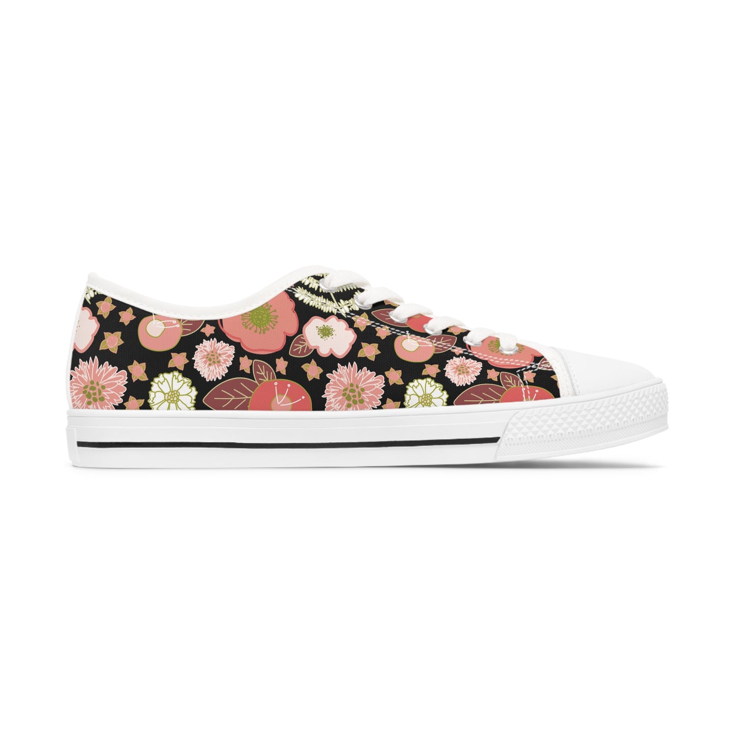 Coral Flowers on Black Women's Low Top Sneakers