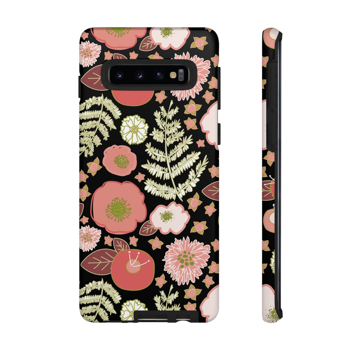 Coral Flowers on Black Tough Cases for Samsung