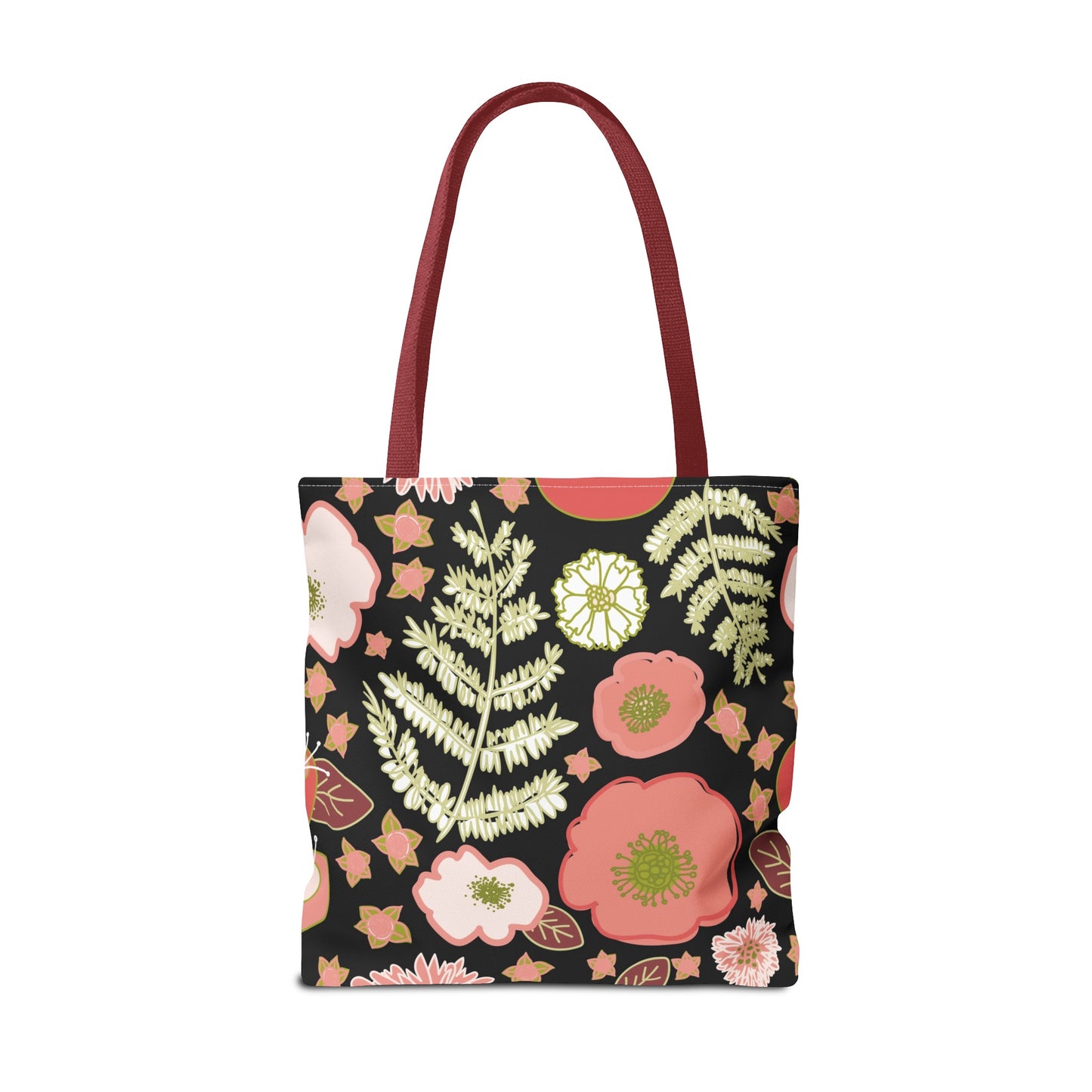 Coral Flowers on Black Tote Bag