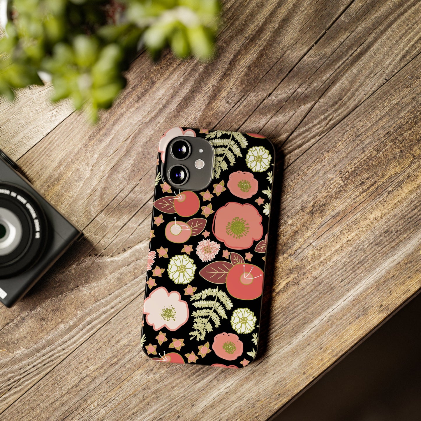 Coral Flowers on Black Slim Phone Cases